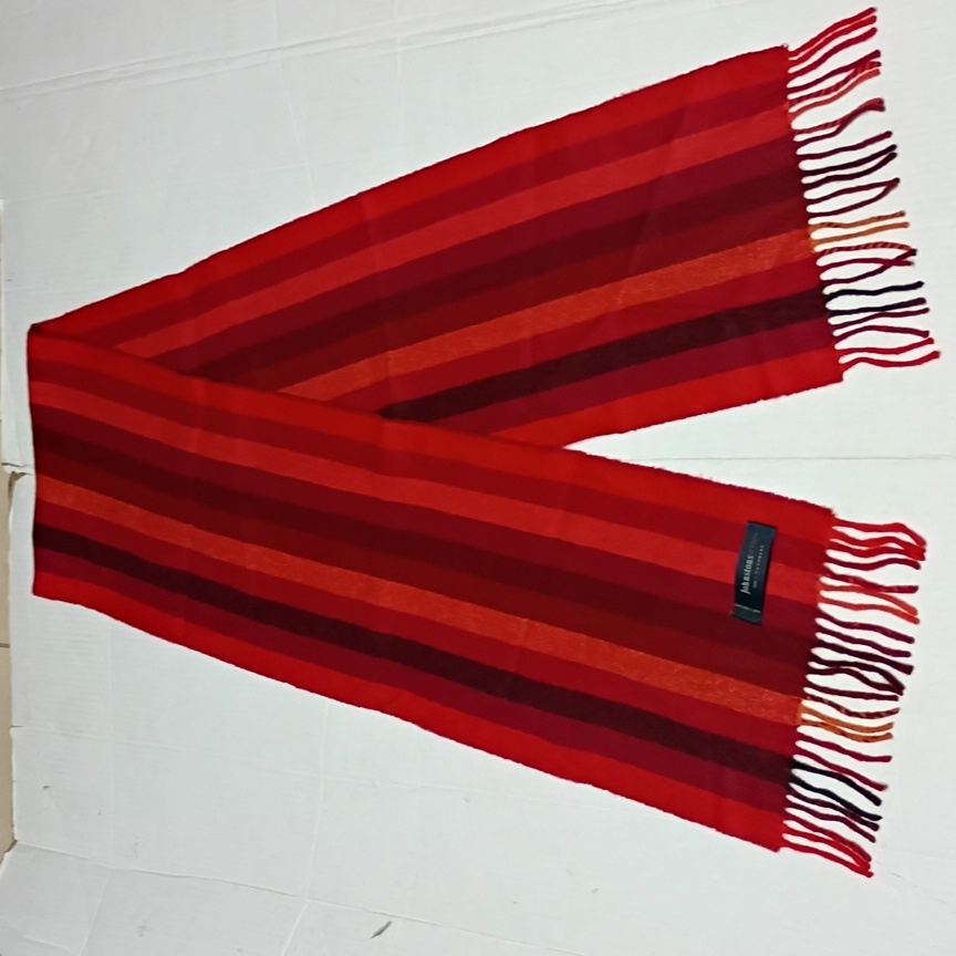 New Johnstons Of Elgin Red Stripe 100% Cashmere Oblong Fringe Scarf 74x10
